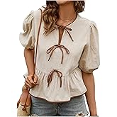 SOLY HUX Women's Bow Tie Front Tops Puff Short Sleeve Ruffle Hem Peplum Cute Blouse