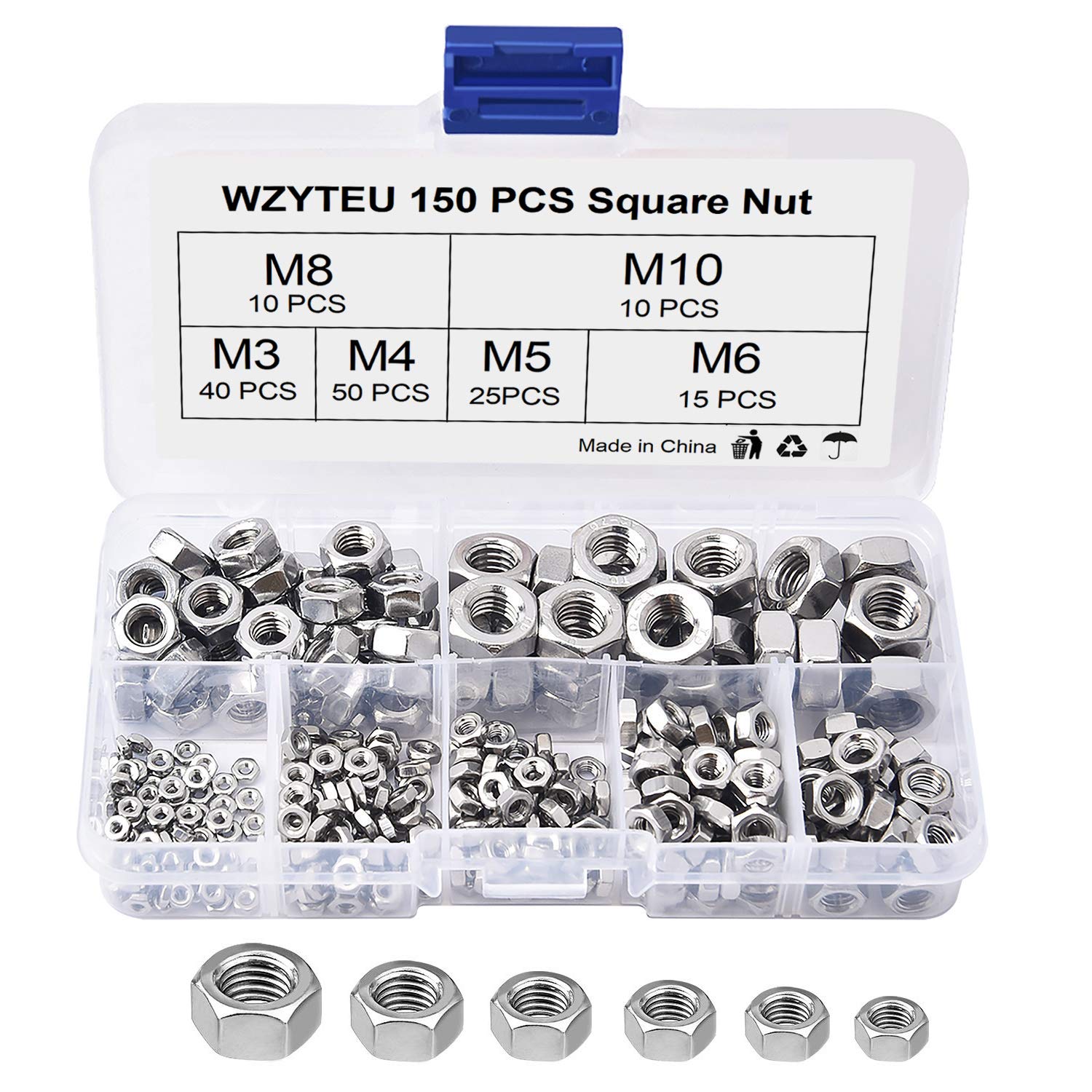 WZYTEU 400 Pcs Hex Nuts, Stainless Steel M2 M2.5 M3 M4 M5 M6 M8 Lock Nuts Assortment Kit with Plastic Organizer Box for Machine Screw Nuts Fastener Tools
