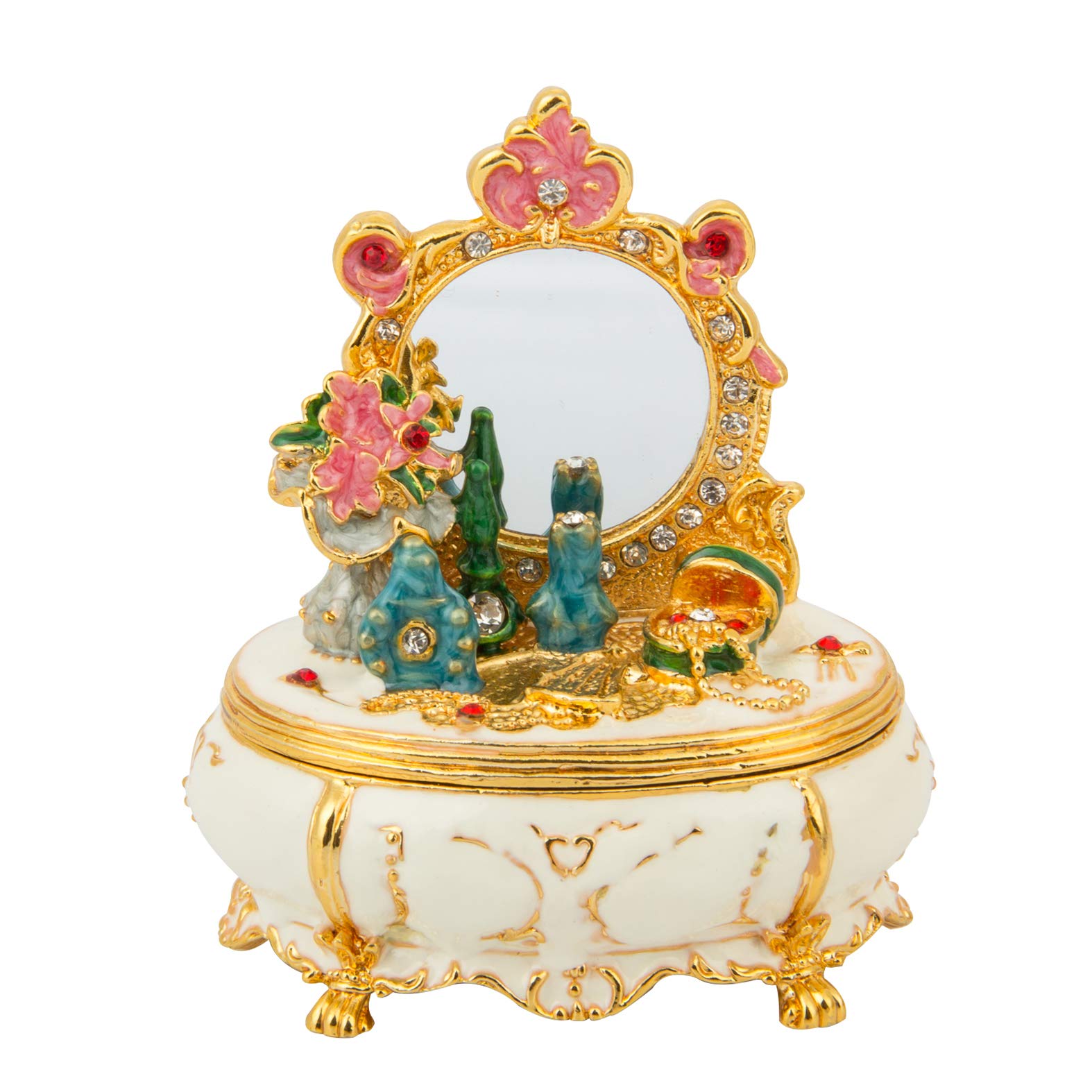 QIFU Hand Painted White Dressing Table Style Jewelry Trinket Box Hinged with Rich Enamel and Sparkling Rhinestones
