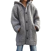 Women's Winter Knitted Thick Cardigan Hoodie Sweater Coat Drawstring Long Sleeve Buttons Down Warm Coat with Pocket