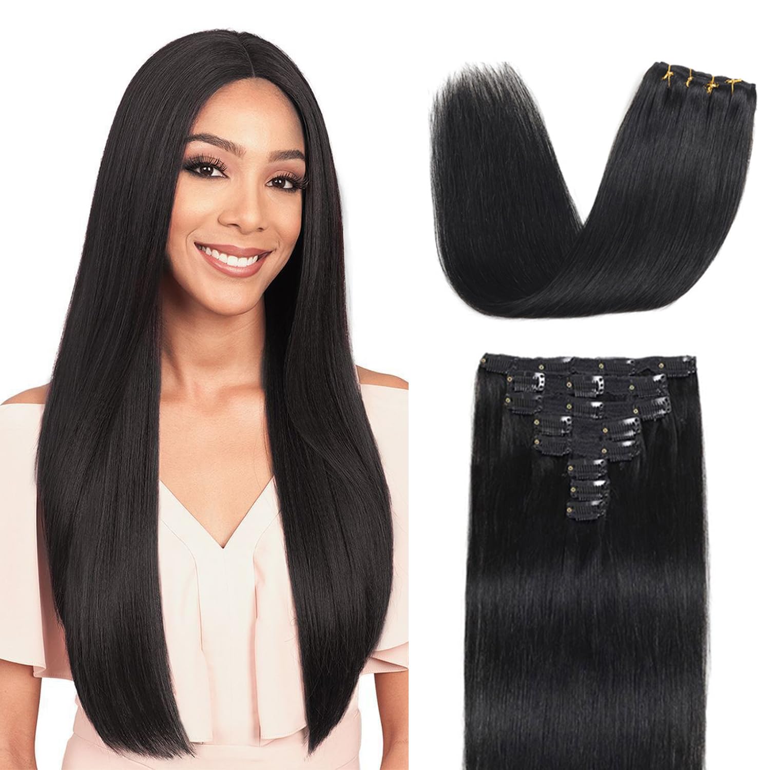 Clip in Hair Extensions Real Human Hair Straight Real Remy Human Hair 8pcs 100g Double Weft Remy Human Hair Clip in Extensions (#1B Natural Black, 18 Inch)