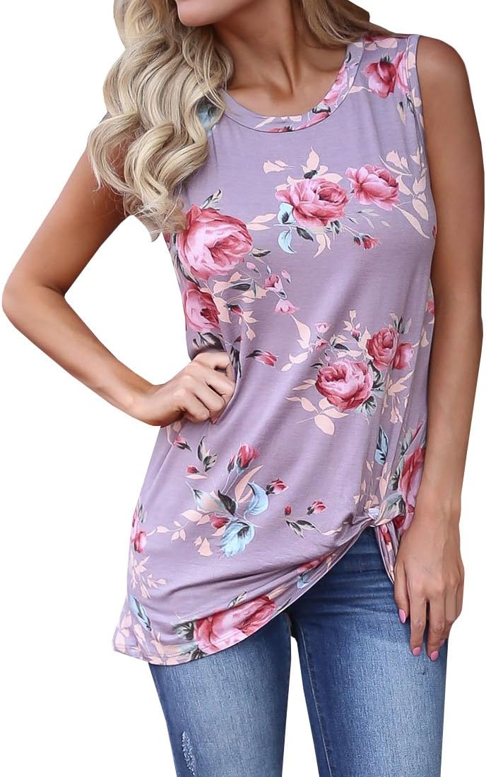 Gobought Womens Floral Sleeveless Blouse Tie Front Swing Flare Tunic Tank Tops Purple
