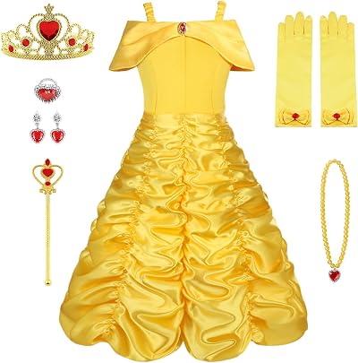 Vicloon Princess Belle Costume Dress 9PCS Yellow with Crown Wand Accessories