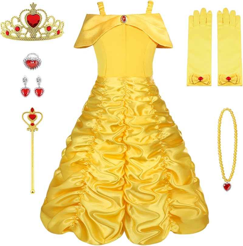 Vicloon Princess Belle Costume Dress 9Pcs Kids Dress Up Set Yellow Crown Wand
