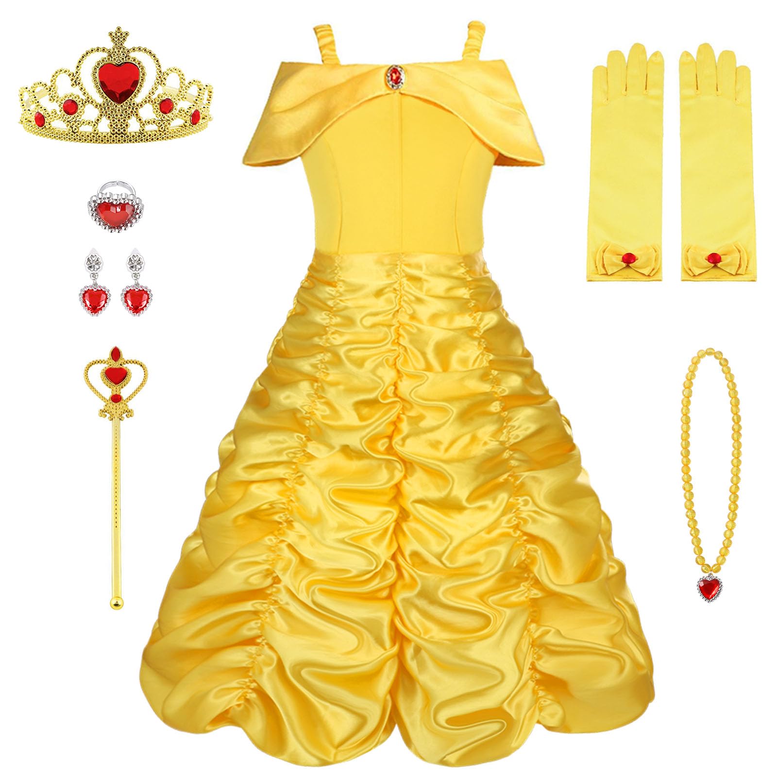 Vicloon Princess Belle Costume Dress, 9PCS Little Girl Princess Dresses Fancy Party Dress with Crown Wand Gloves Necklace Ring and Earrings for Cosplay, Girls Party - Yellow