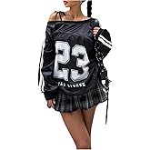 MakeMeChic Women's Off The Shoulder Jersey Shirt Number Print Long Sleeve Y2K Tee Top