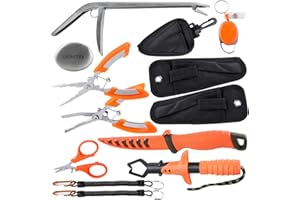 LEONTOOL 12 Pcs Fishing Tool Kit Fishing Pliers with Lanyard, Fillet Knife, Floating Fish Lip Gripper, Fishing Braid Scissors