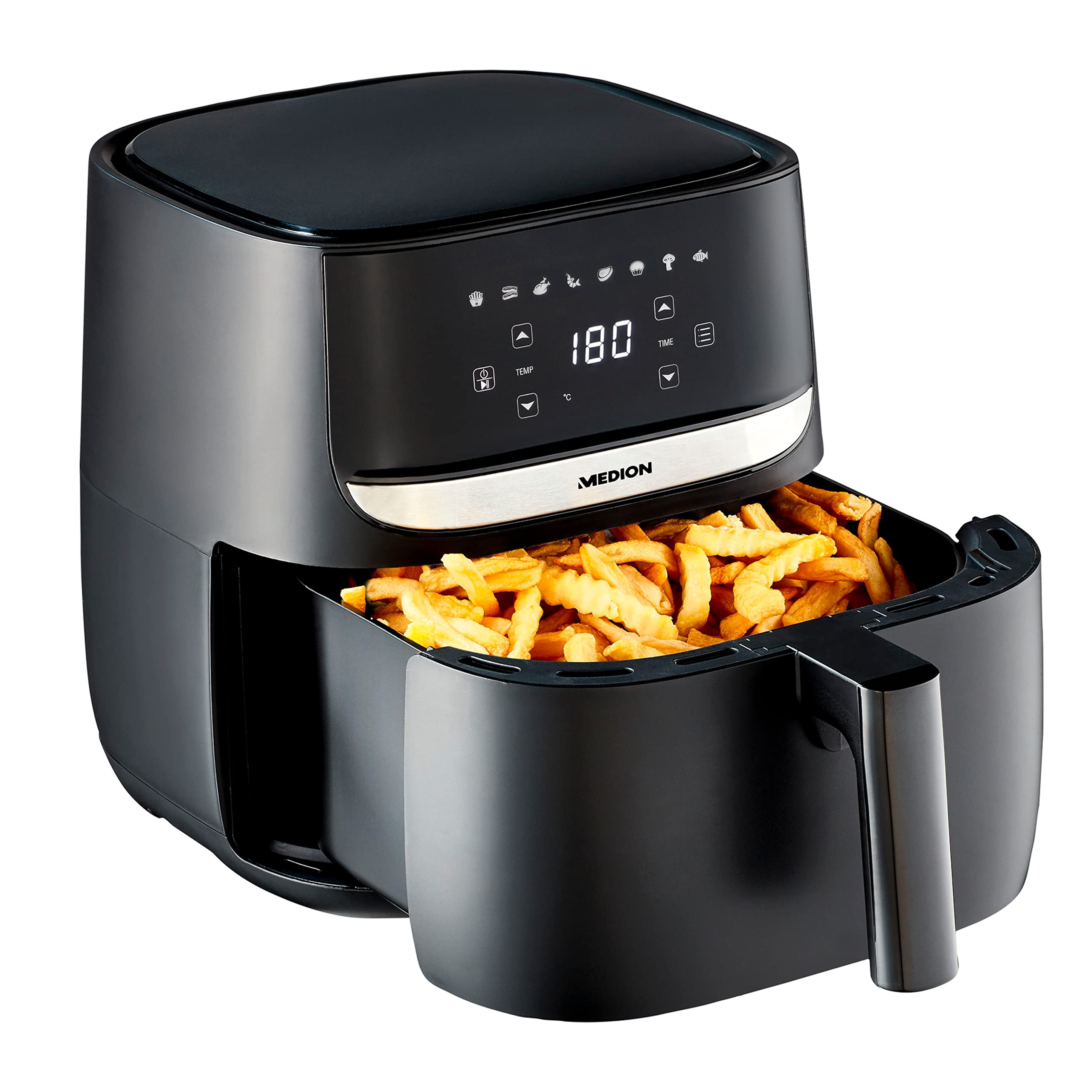 MEDION E50 XL Heißluftfritteuse (5,7 Liter, Airfryer, ca. 1700 Watt, Digitales Bedienfeld, 8 Automatikprogramme, ölfreies Frittieren, 30 Min Timer, Überhitzungsschutz, MD10532)