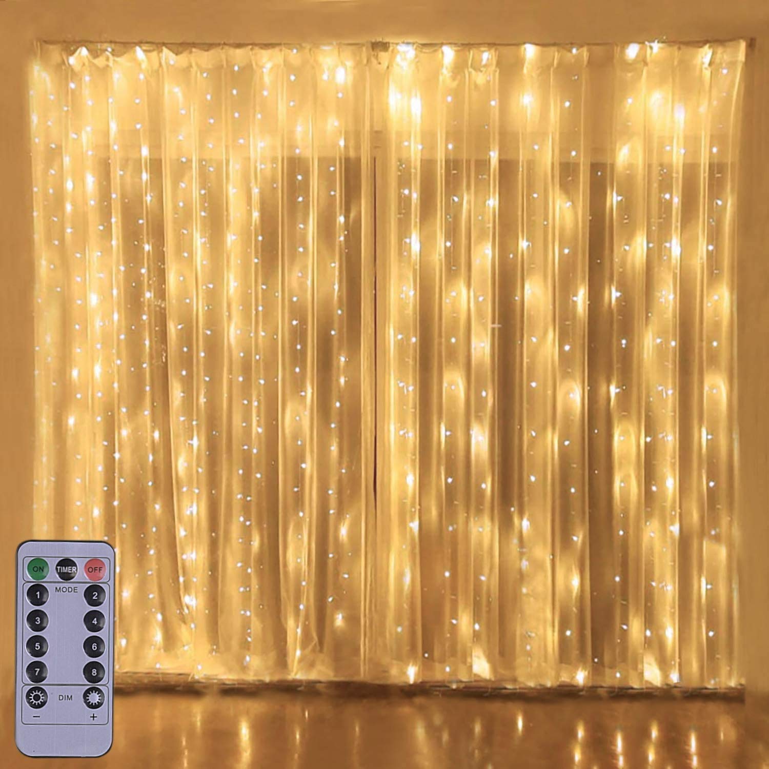Curtain Fairy String Lights, USB Operated 3mX3m 300 LEDs Curtain Lights with Remote Control and Timer, 8 Modes Window Lights for Bedroom, Christmas, Garden, Patio
