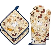 Arquiel Dogs Oven Mitts and Pot Holders Sets 4Pcs, 100% Cotton Heat Resistant, Extra Long Oven Gloves Potholder for Kitchen Cooking Baking Housewarming