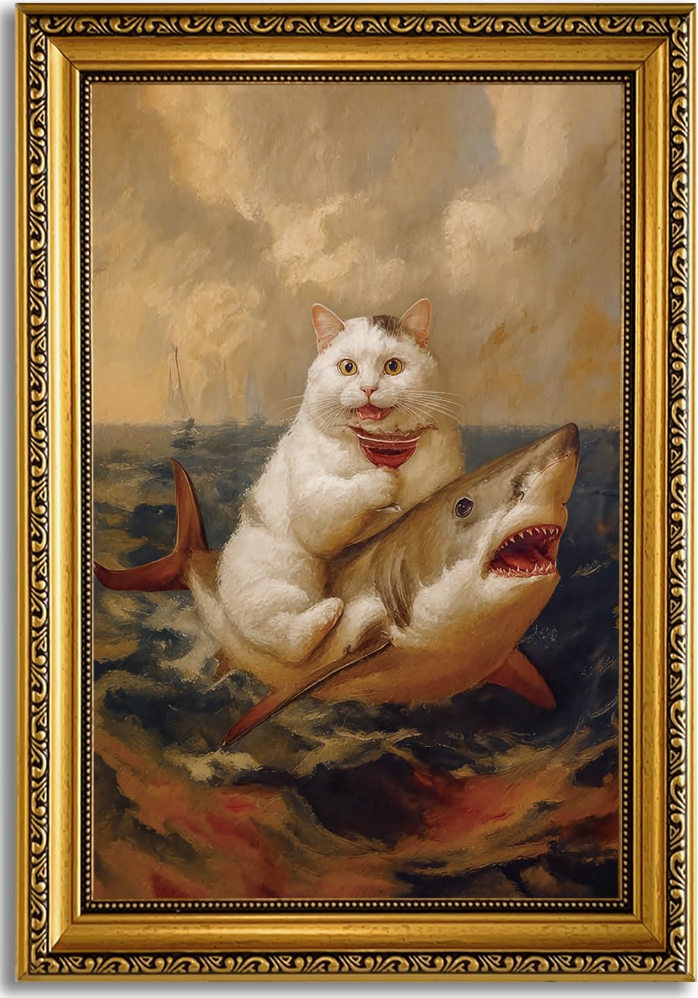 YD&YZY Gold Framed Funny Cat Bathroom Wall Art Canvas Vintage Quirky Humor Wall Decor Cat Riding Shark Martini Painting Picture Print Artwork for Bedroom Living Room Bathroom 16x24 inch Framed