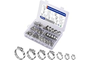 RTHIEAI Hose Clamp 60pcs Kit, (7 Sizes) 1/4 – 1-1/2 Inch Stainless Steel Hose Clamps Adjustable Worm Gear Clamps for Automotive, Plumbing, and Intercooler, 6-38mm Clamping Range