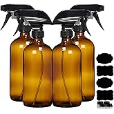 Amber Glass Spray Bottles For Cleaning Solutions (4 Pack) - 16 Ounce, Refillable Sprayer for Essential Oil, Water, Kitchen, H