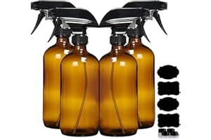 HOMERIES Amber Glass Spray Bottles For Cleaning Solutions (4 Pack) - 16 Ounce, Refillable Sprayer for Essential Oil, Water, Kitchen, Hair. Durable Black Trigger Sprayer w/Mist and Stream Settings