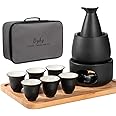 Bgbg Ceramic Sake Set with Warmer Pot Bamboo Tray-Traditional Japanese Pottery Hot Saki Set 11-Piece including 1 Sake Pot,6 Sake Cups，1 Warming Mug，1 Candle Stove, 1 Candle Tea Light Holder and 1 Tray