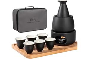 Bgbg Ceramic Sake Set with Warmer Pot Bamboo Tray-Traditional Japanese Pottery Hot Saki Set 11-Piece including 1 Sake Pot,6 S