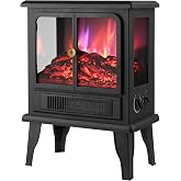 Techni Home Electric Fireplace Heater, Realistic Flame Effect, 1500W | Freestanding space heater, 2 heat settings, 3-sided viewing windows, wire heating element, overheat protection.