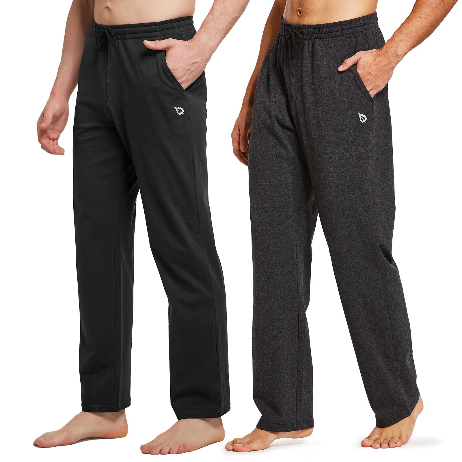 baleaf Men's Sweatpants Casual Lounge Cotton Pajama Yoga Pants Open Bottom Straight Leg Male Sweat Pants with Pockets 2-Pack Black/Charcoal S Image