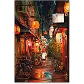 Japanese Tokyo Tea House Canvas Wall Art Asian Lantern Street Night Scene Posters Modern Ukiyo-E City Landscape Painting For 
