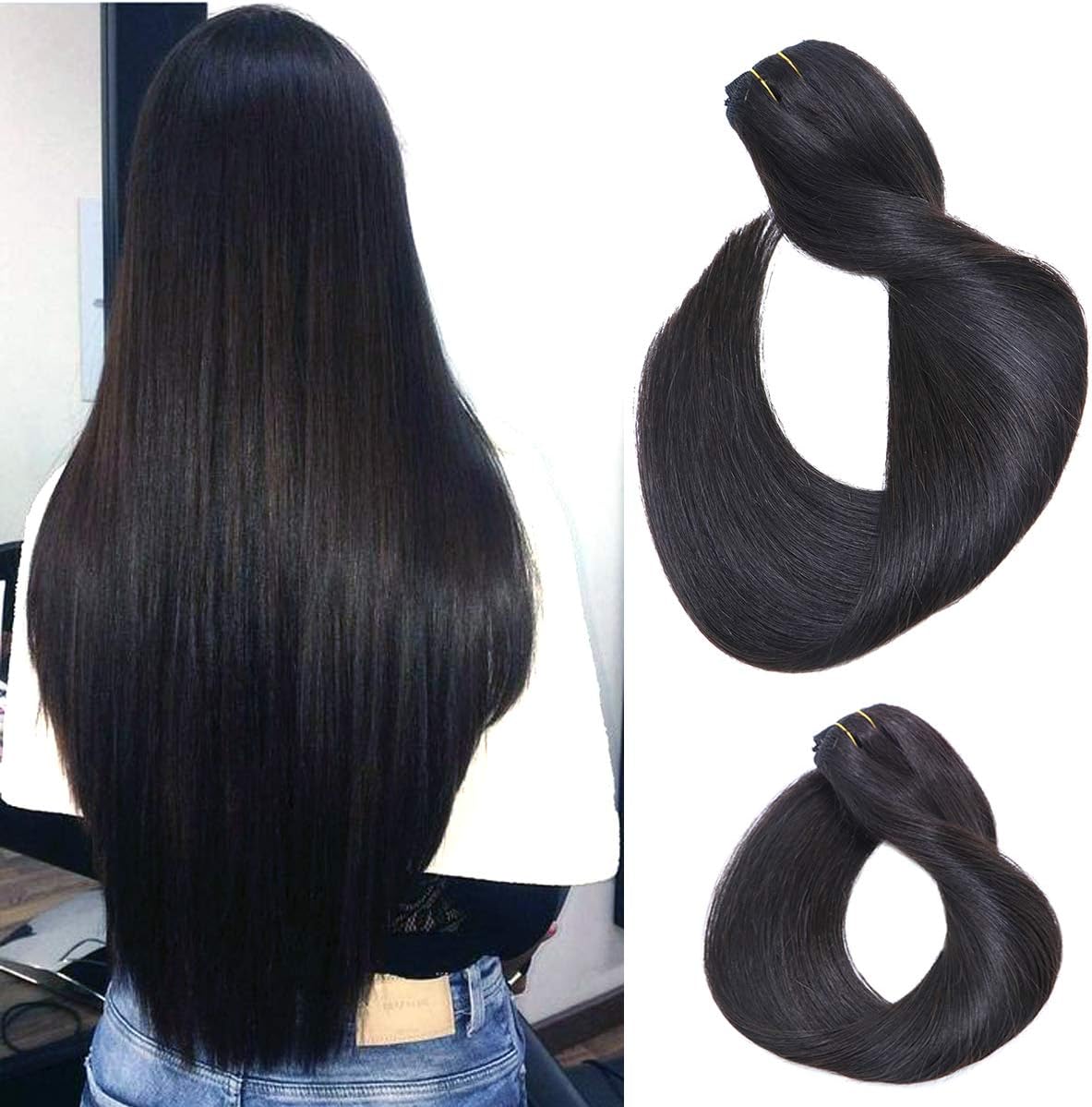 Human Hair Clip in Extensions Natural Color #1B 7 Pieces 70 Gram/Set 22" Silky Straight Double Weft Remy Hair Extensions Clip on Gifts for Women and Girl Friend