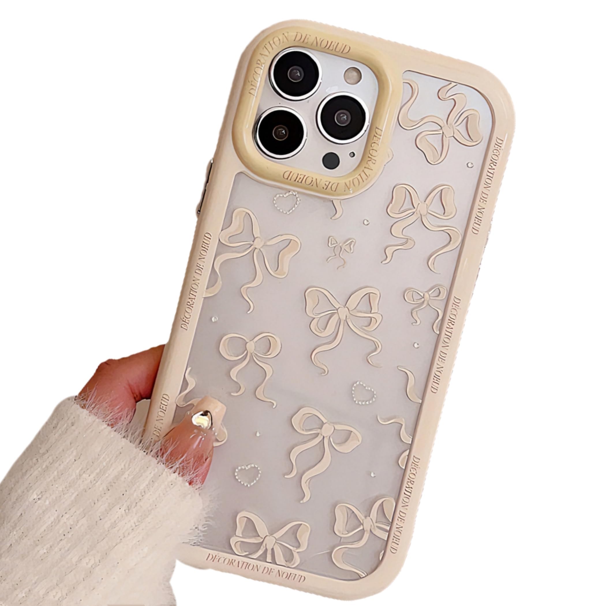 Photo 1 of BayuCagou Luxury Case Compatible for iPhone 14 Pro Max,Aesthetic Bow Knot Ribbon Love Heart Pattern Girly Phone Case for Women Girl,Soft Sparkle TPU Cover with Camera Lens Shockproof Protection-White