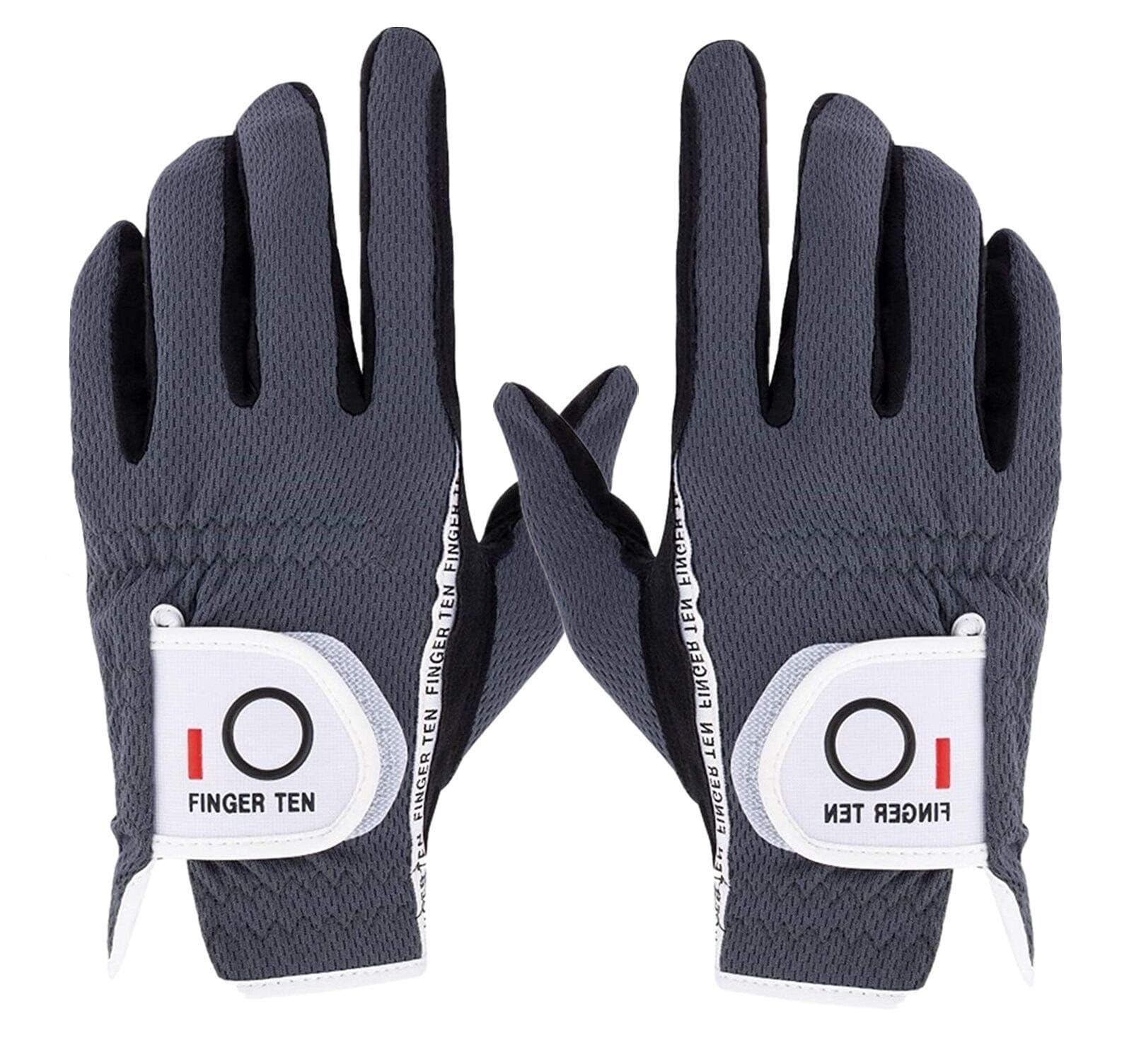 FINGER TEN Golf Gloves Men Left Hand Right Rain Grip Weathersof Value Pair, Mens Golf Glove Wear Resistant Non Slip Color Black Grey Green Flexible Durable Size S M ML L XL (Grey, XXXL)
