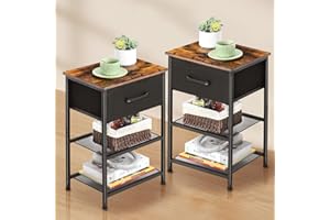 LAKEMID Nightstands Set of 2 with Drawer, Bedside Table End Table with 2 Layers Metal Shelf for Bedroom Sofa Couch (Rustic Brown)