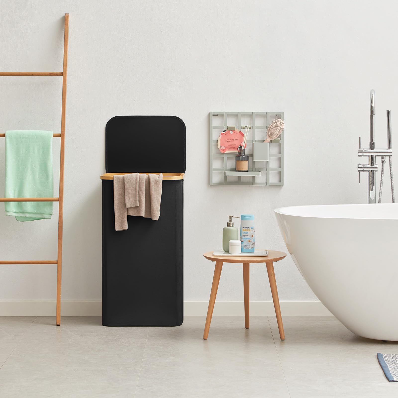 Lifewit 100L Wäschekorb mit Deckel, Wäschekörbe für Wäsche mit Bambus Griffe und Eine Abnehmbare Wäschesack, Große Faltbare Wäschekorb für Schlafzimmer, Bad, Schlafsaal, Waschküche, Schwarz 8