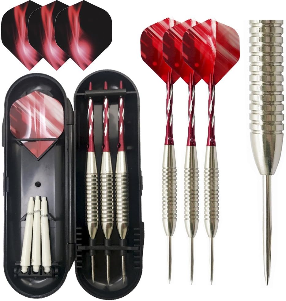 Lemong 3 Pack Steel Tip Darts 24 Grams with Aluminum Shafts and 2 Style Flights + 1 Case Professional Metal Dart Tips Set