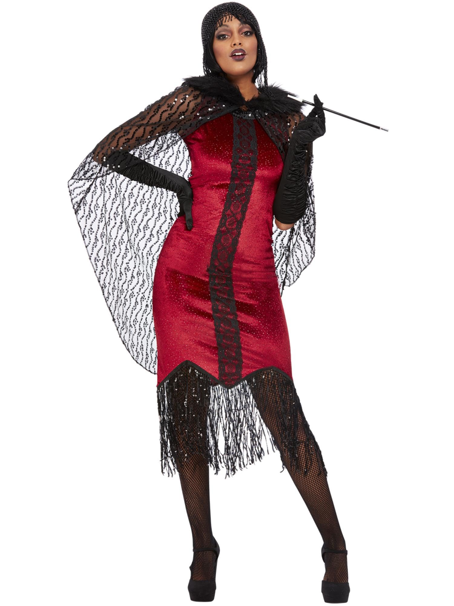 Smiffys Deluxe Vampire Flapper Costume, Red Dress & Sequin Cape, Halloween Adult Fancy Dress, 1920s Dress Up Costumes