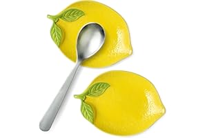 SEICASAYA Lemon Ceramic Spoon Rest, Set of 2 Decorative Kitchen Utensil Holders, Yellow Countertop Protector with Green Leaf 