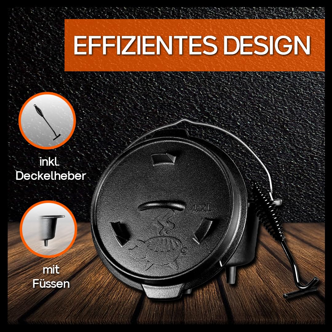 Grillschweine Dutch Oven 4.5QT (4,2 L mit Füße) - BBQ Schmorofen - Gusseisen Feuertopf 6