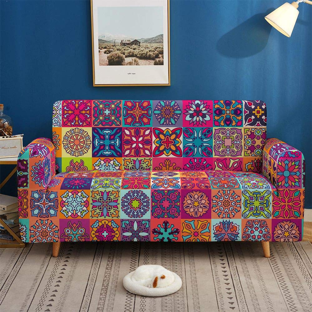 Chickwin-Shop Stretch Sofa Covers 2 Seater Single Sofa Slipcovers Dog Cat Pet Friendly Non Slip Soft 1-piece Red Mandala Armchair Couch Covers Washable Loveseat Protector Cover