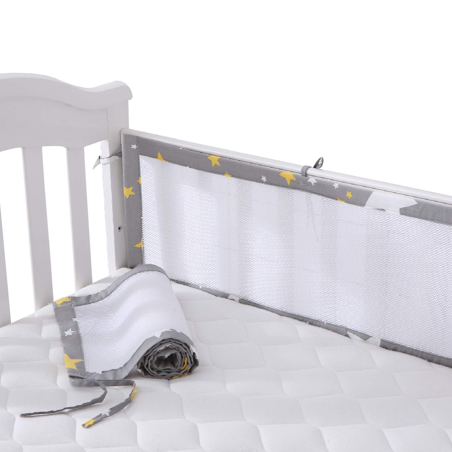 LMMKARE Upgrade Long Ties Mini Mesh Crib Bumpers Breathable for Boys Safe Pads for Standard Baby Crib Liner Classic Grey Stars 52" x 12" x 2pcs : Baby