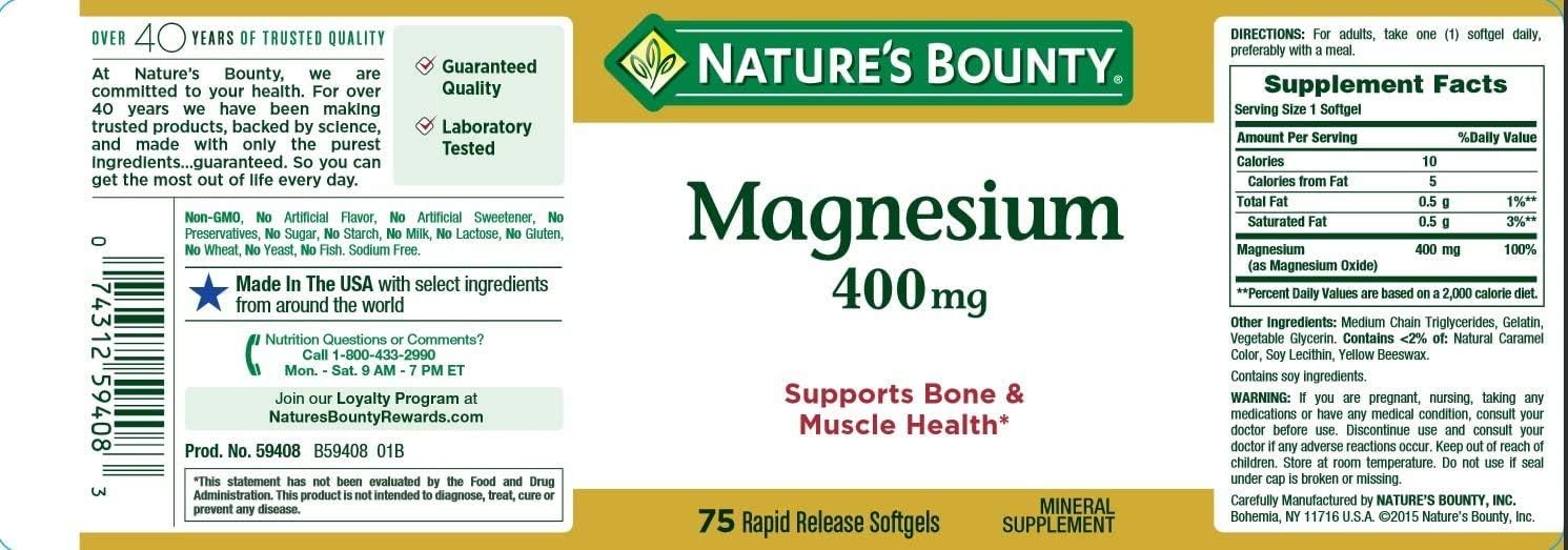 Nature's Bounty Magnesium 400 mg, 75 Softgels: Health & Personal Care