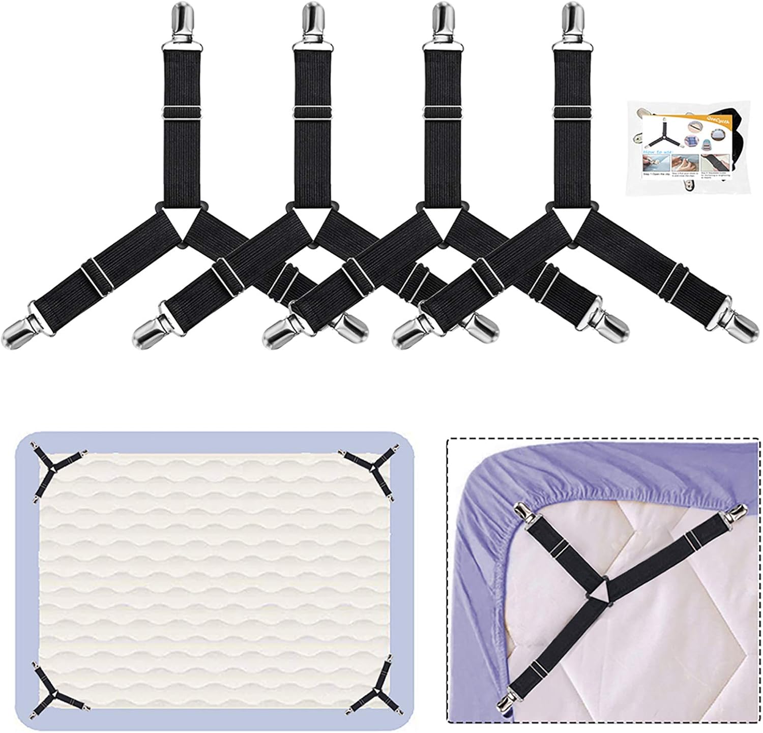 QoeCycth Bed Sheet Holder Straps, 4Pcs Adjustable Triangle Mattress Corner Clips, Elastic Fitted Bed Sheet Fastener Suspenders Grippers Heavy Duty for All Bed Sheets, Mattress Covers, Sofa Cushion: Home & Kitchen