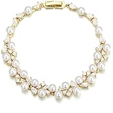 EVER FAITH Gorgeous Cubic Zirconia Wedding Jewelry for Bride Bridesmaid, Elegant Simulated Pearl Teardrop Tennis Bracelet Gift for Women