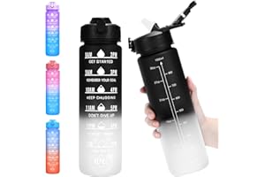 FLEEODAN Water Bottle with Straw, 32oz Motivational Water Bottles with Time Marker, LeakProof Tritan BPA Free,Sports Water Bottle with Handle for Women Man Gym Fitness Outdoor (Black)