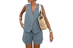 PRETTYGARDEN Women's Summer 2 Piece Outfits Sleeveless Matching Sets Button Down V Neck Vest Waistcoat and Pockets Shorts
