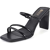 IDIFU IN3 High Heels Strappy Chunky Block Heels Square Toe Three Strap Slip On Heels Comfortable Slides Heeled Sandals Sexy Wedding Party Dress Shoes Open Toe Mules Heels for Women