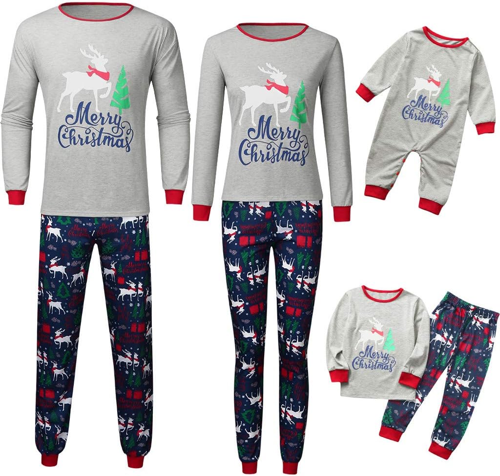 Grey & Dark Blue Printed O-Neck with Elastic Waist Baby Kids Christmas Family Matching Pyjamas Sets