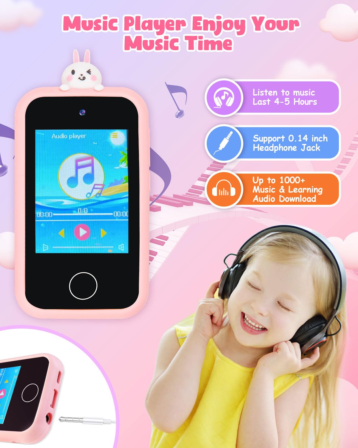 Bunyta Unicorn Kids Smart Phone - 2.8 Inch Touchscreen, Dual Camera, Music Player, Puzzle Games, Learning Toys, Birthday for Girls 3-10, 32GB SD Card (Pink)