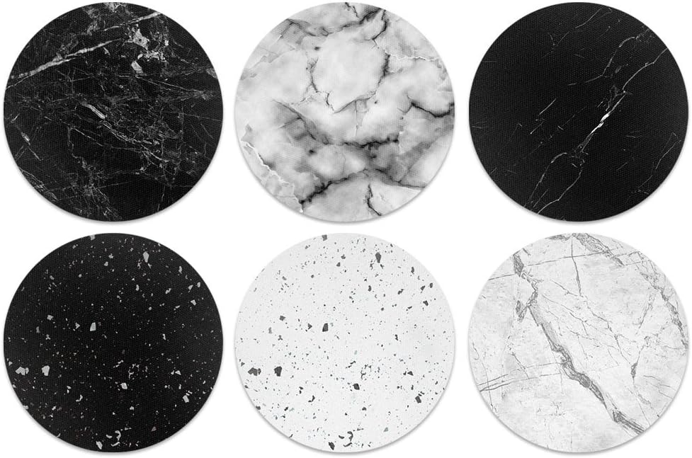 CARIBOU Coasters , Black White Marble Design Absorbent ROUND Fabric Felt Neoprene Coasters for Drinks, 6pcs Set