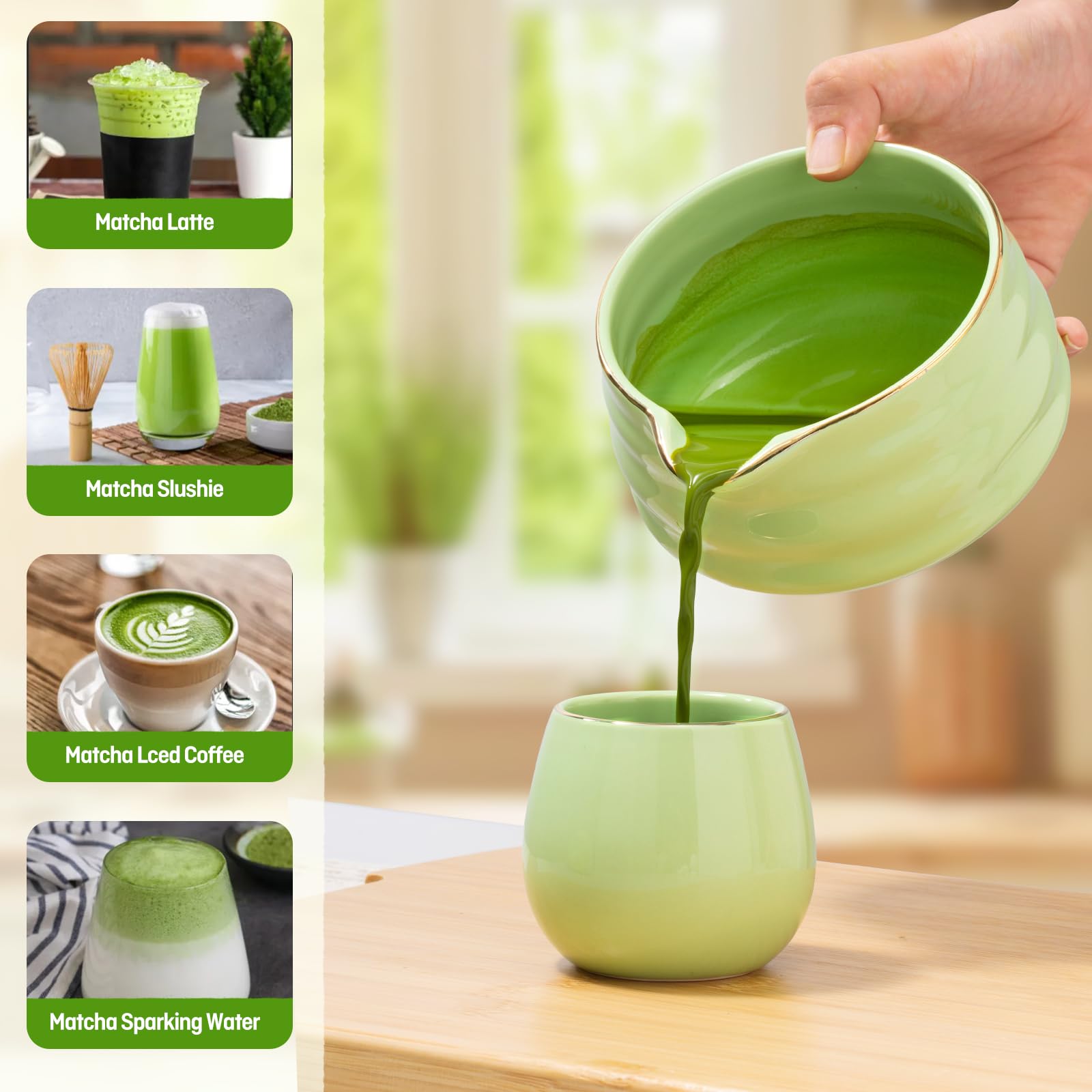 Matcha set - 9 Stück Japanisches Tee-set Inkl Chawan mit Ausgießer, 2 tazze, Schaufel, Halter, Sieb, Matchabesen das perfekte Geschenk für Japanische Teezeremonie-Liebhaber,Green