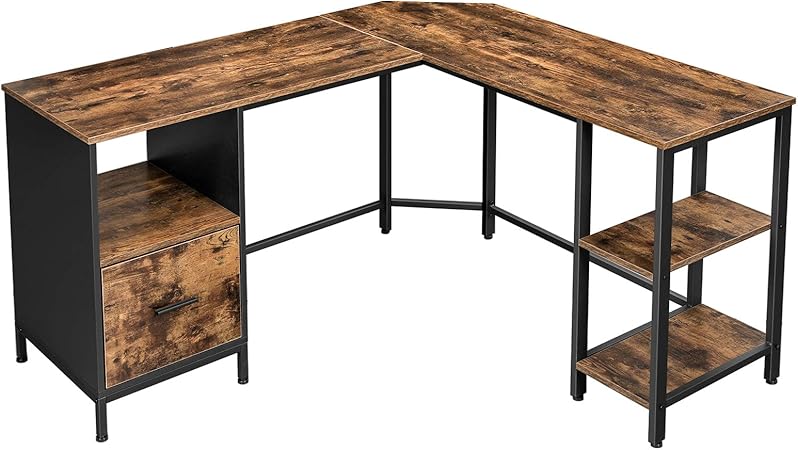 Vasagle Bureau D Angle Table En Forme De L Avec Caisson A Dossiers Suspendus 2 Etageres Bureau A Domicile Montage Facile Cadre En Acier Style Industriel Marron Rustique Et Noir Lwd75x Amazon Fr Cuisine