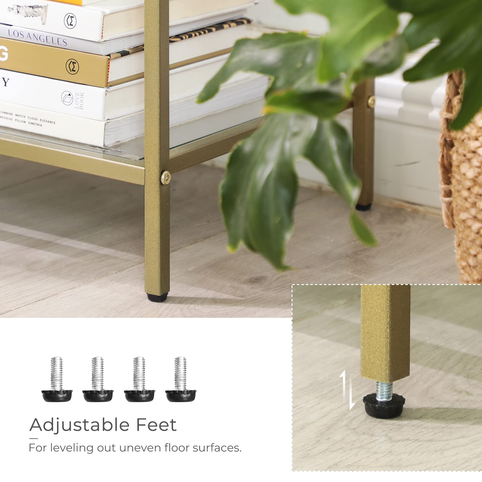 VASAGLE 39.4 Inch Console Table with 3 Shelves, Sofa Tables, Modern Entryway Table, Metal Frame, Tempered Glass Shelf, Entryway Living Room Bedroom, Metallic Gold and Transparent ULGT27G