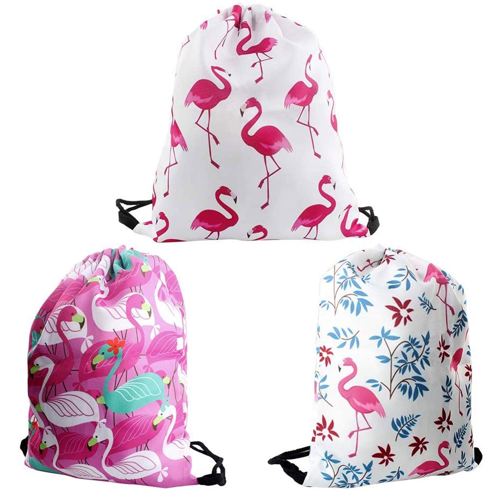 Dadabig 3 Pack Drawstring Bag, 3D Print Flamingo Drawstring Gym Backpack Sackpack Cinch Tote for Gym Sport or Travel Storage, 39x32cm, 3 Colors