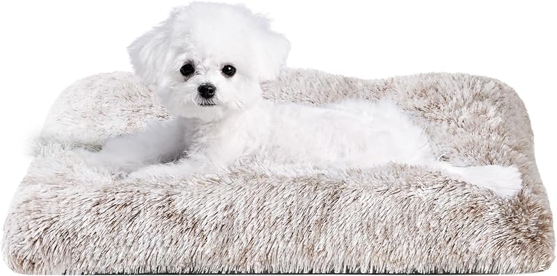 EHEYCIGA Fluffy Small Dog Crate Bed Calming Anti Anxiety 60x45x7.5cm Brown