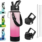 BJPKPK 27oz Insulated Water Bottles with 3 Lids, Paracord Handle & Non-slip Boot, Stainless Steel Metal Water Bottle with Straw, BPA Free Leak Proof Thermal Flasks, Tumblers,Cherry
