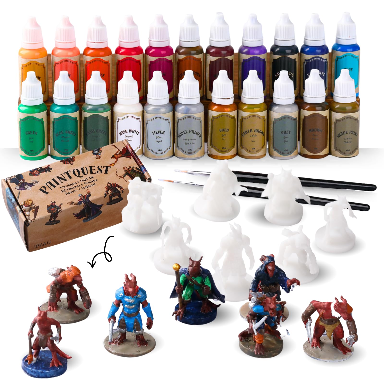Acrylic Miniature Paint Kit-22 Waterbase Model Paint Beginner Set incl Metallic Gold&Silver, Shade, Brush-On Primer 7 TTRPG Kobold Figures Gift for Man/Woman Painting Starter DND WH40K Figure Terrain β image 1